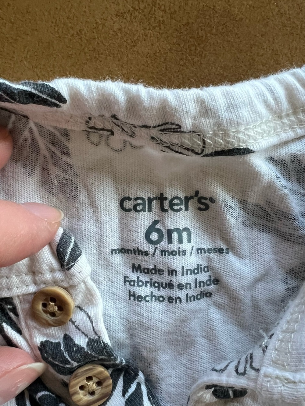 Carter's White Short Sleeve Henley Tee with Gray Tropical Print - Picture 3 of 4